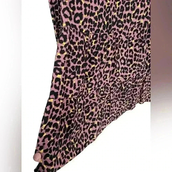 LOFT womens Leopard Print black pink Button down V neck Tiered Swing Dress used - Picture 3 of 8